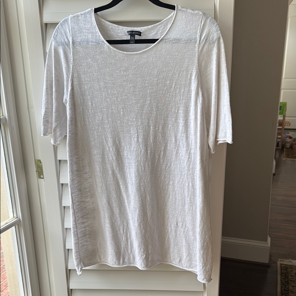 Eileen Fisher White Short Sleeve Tee. Organic linen and organic cotton
